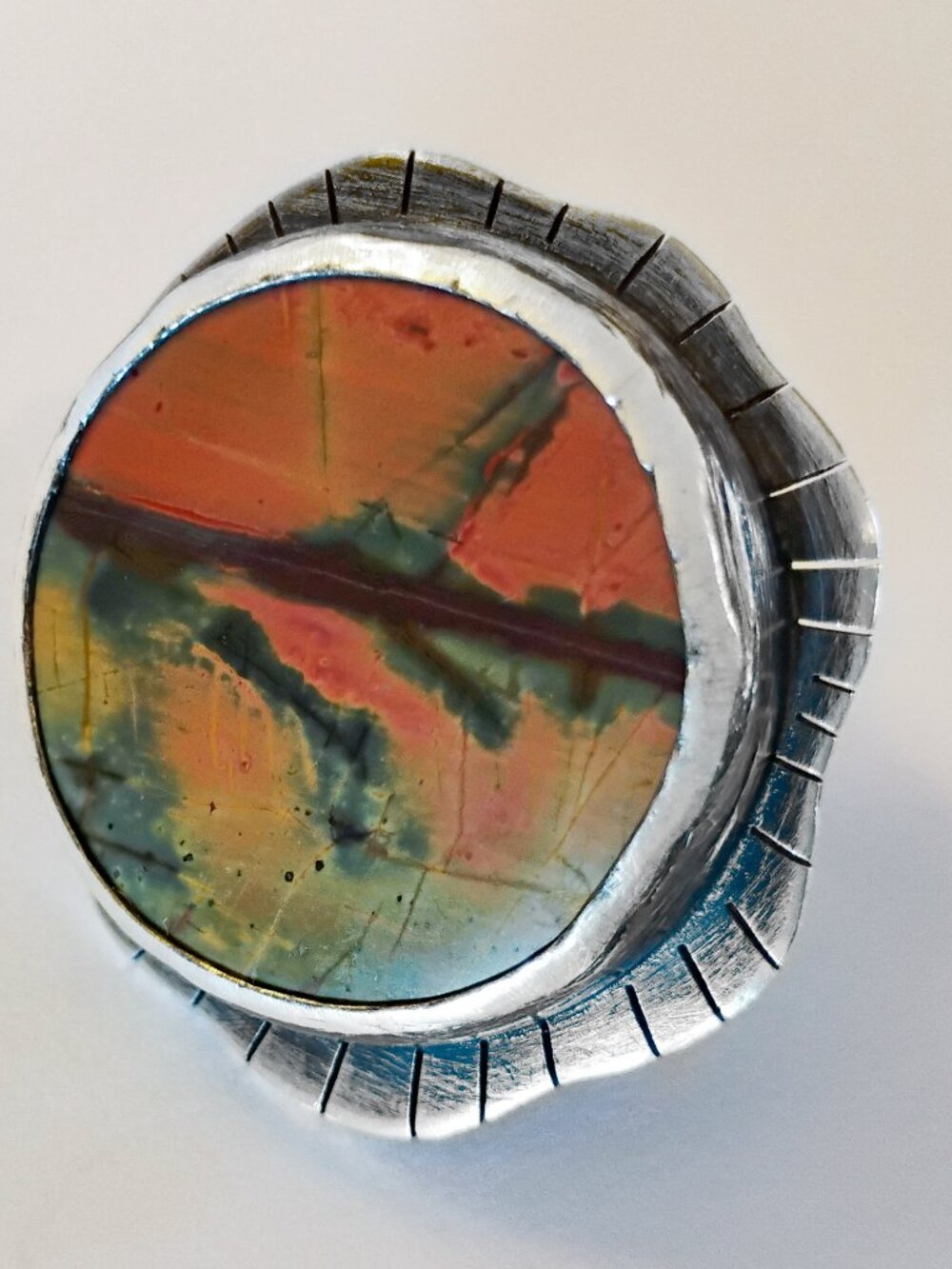 Sterling Silver Ring/Size 8 US/Jasper Stone (Orange, Green, Brown colours)